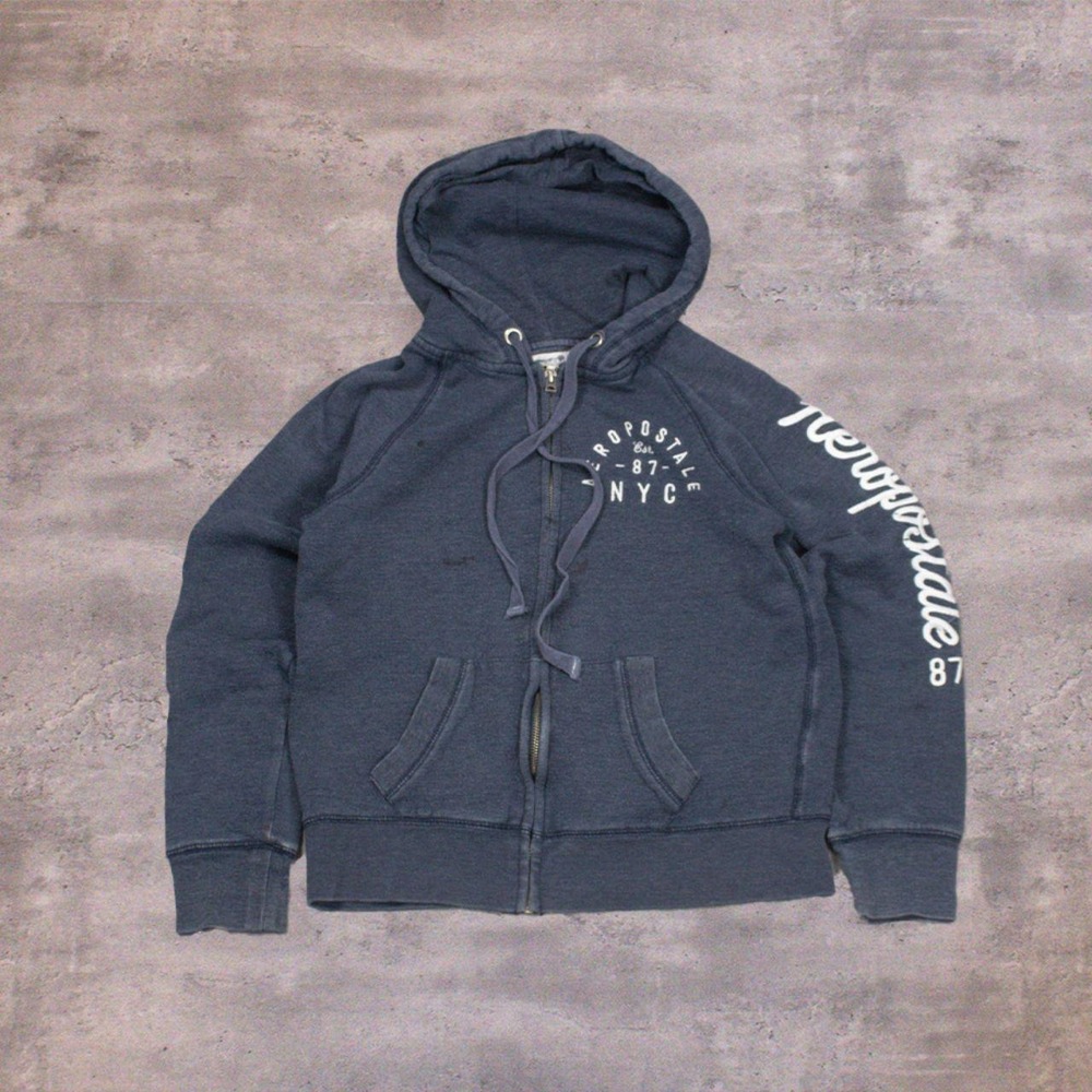 Vintage VTG Y2K 2000's 00's Aeropostal Thrashed Navy Grey Zip Hoodie